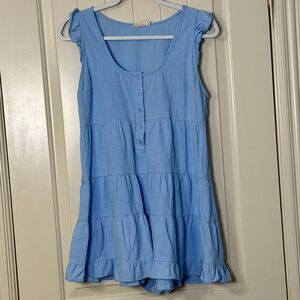 Light Blue Tiered Ruffle Romper 100% Cotton Button Front Sleeveless Womens Large